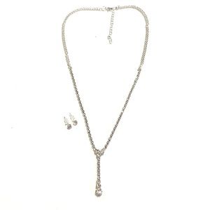 Y Necklace Earrings Set Silver Tone Rhinestone